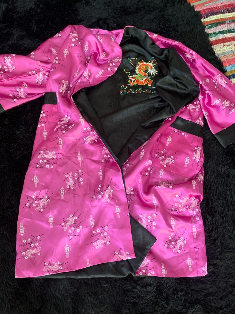 Silk-Feel Hot Pink Kimono Coat with Black Trim reversible pockets on both